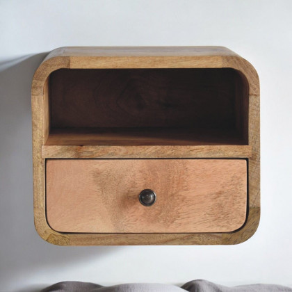 Artisan - Extra Mini Wall Mounted Curved Oak-Ish Bedside With Open Slot