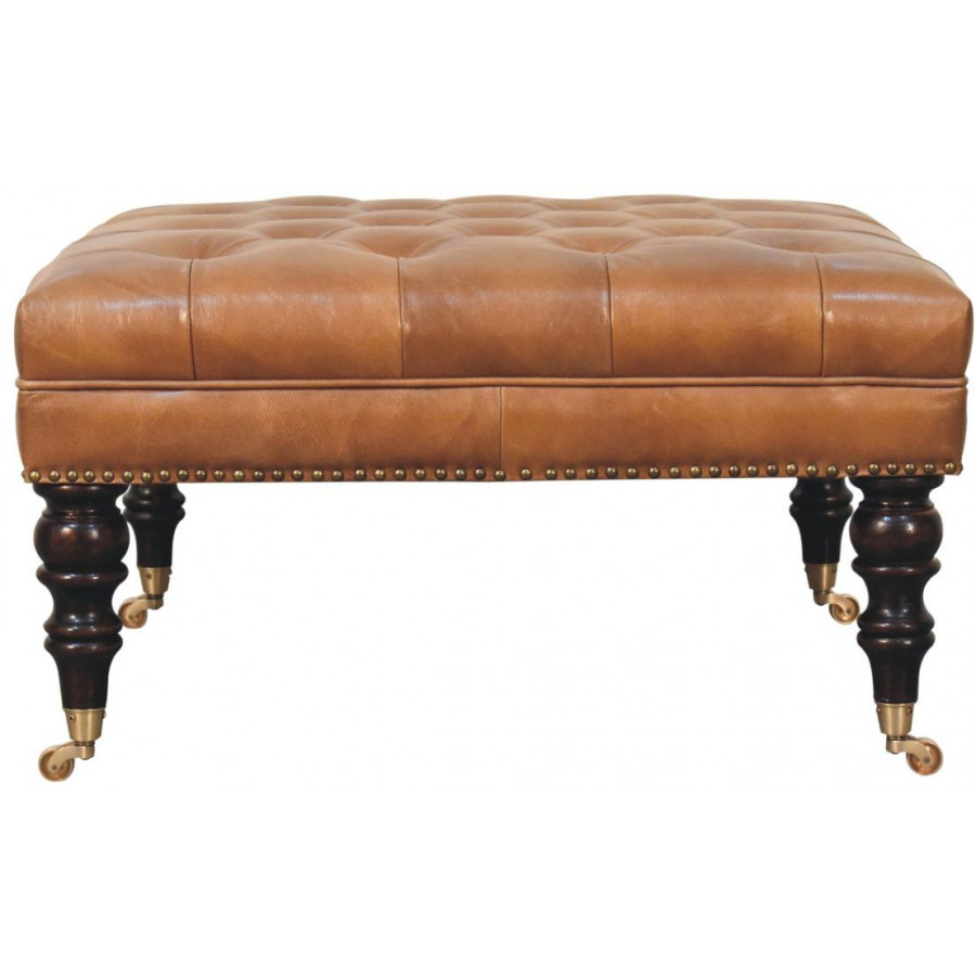 Artisan - Studded Buffalo Tan Leather Ottoman With Castor Legs