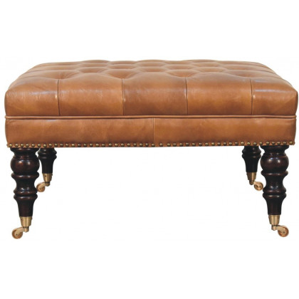 Artisan - Studded Buffalo Tan Leather Ottoman With Castor Legs