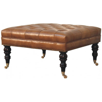Artisan - Studded Buffalo Tan Leather Ottoman With Castor Legs