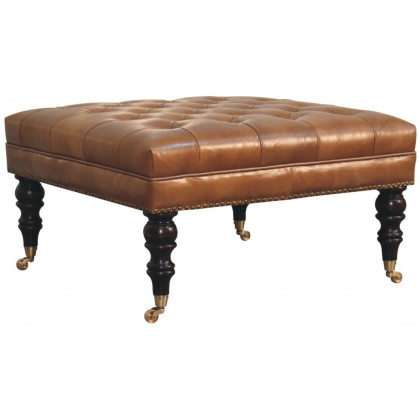 Artisan - Studded Buffalo Tan Leather Ottoman With Castor Legs