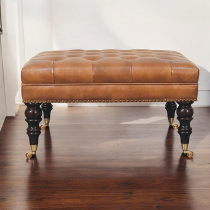 Artisan - Studded Buffalo Tan Leather Ottoman With Castor Legs