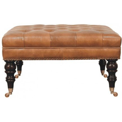 Artisan - Studded Buffalo Tan Leather Ottoman With Castor Legs