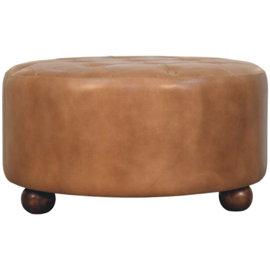 Artisan - Brown Buffalo Hide Leather Round Ottoman