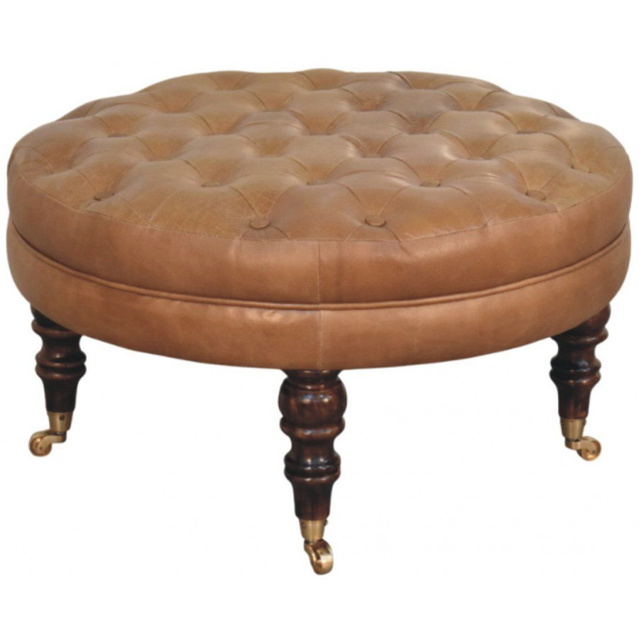 Artisan - Brown Buffalo Leather Round Ottoman With Castor Legs