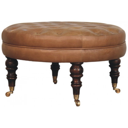 Artisan - Brown Buffalo Leather Round Ottoman With Castor Legs