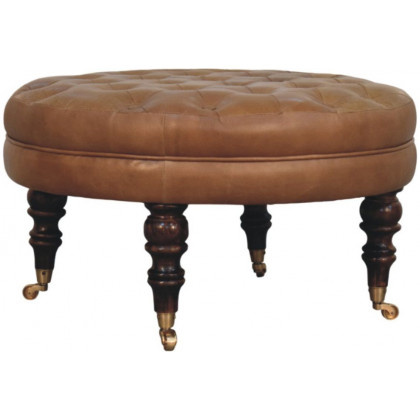 Artisan - Brown Buffalo Leather Round Ottoman With Castor Legs