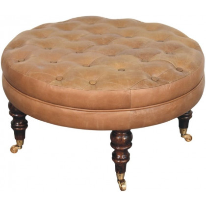 Artisan - Brown Buffalo Leather Round Ottoman With Castor Legs