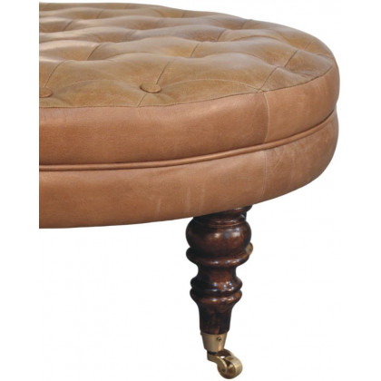 Artisan - Brown Buffalo Leather Round Ottoman With Castor Legs