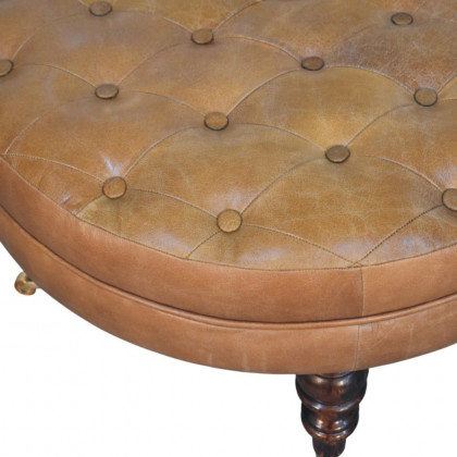 Artisan - Brown Buffalo Leather Round Ottoman With Castor Legs