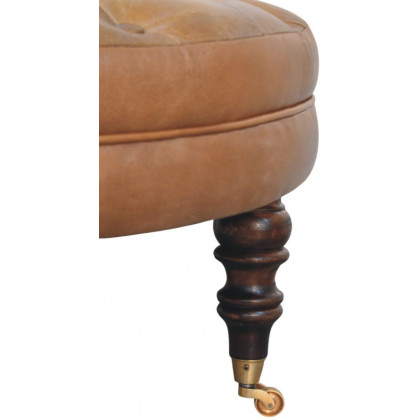 Artisan - Brown Buffalo Leather Round Ottoman With Castor Legs
