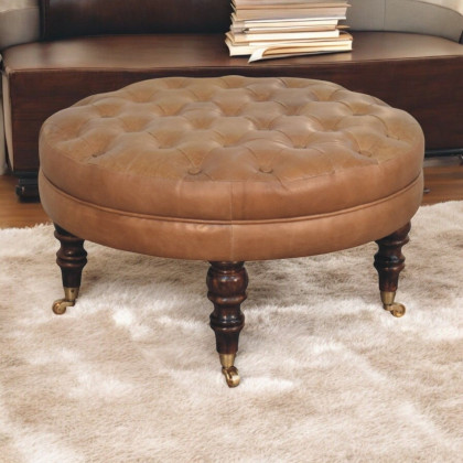 Artisan - Brown Buffalo Leather Round Ottoman With Castor Legs