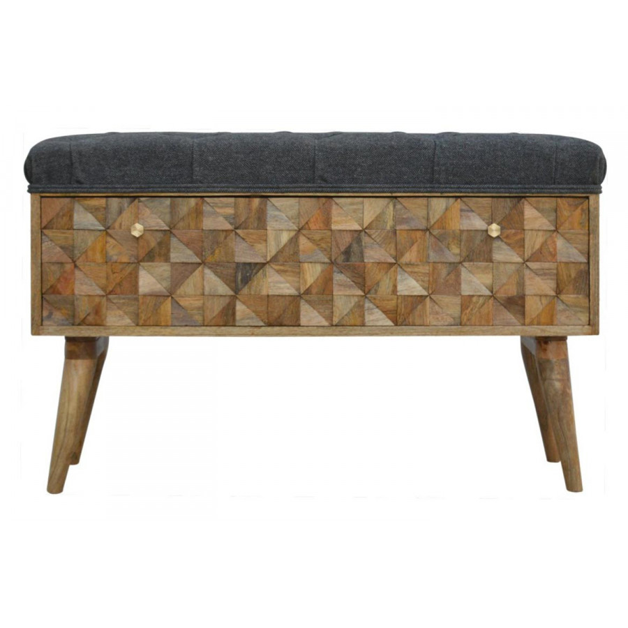 Artisan Diamond Carved Storage Hallway Bench - Oak-ish, With Gray Tweed Pad Seat