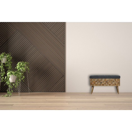 Artisan Diamond Carved Storage Hallway Bench - Oak-ish, With Gray Tweed Pad Seat