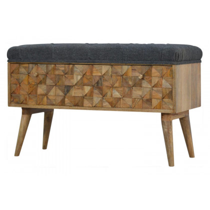 Artisan Diamond Carved Storage Hallway Bench - Oak-ish, With Gray Tweed Pad Seat