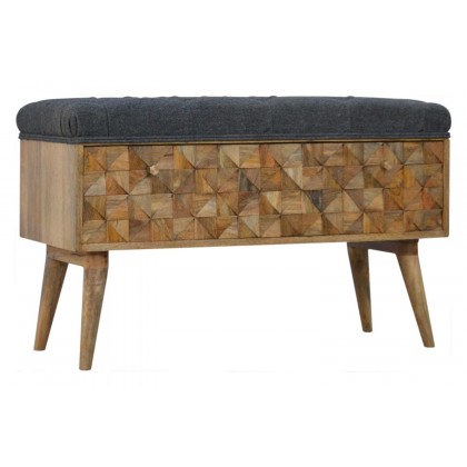 Artisan Diamond Carved Storage Hallway Bench - Oak-ish, With Gray Tweed Pad Seat