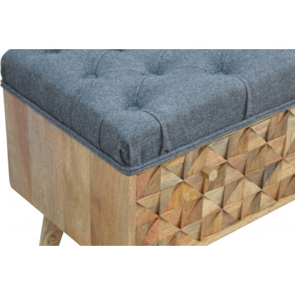 Artisan Diamond Carved Storage Hallway Bench - Oak-ish, With Gray Tweed Pad Seat