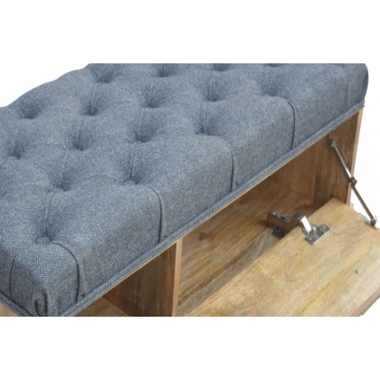 Artisan Diamond Carved Storage Hallway Bench - Oak-ish, With Gray Tweed Pad Seat