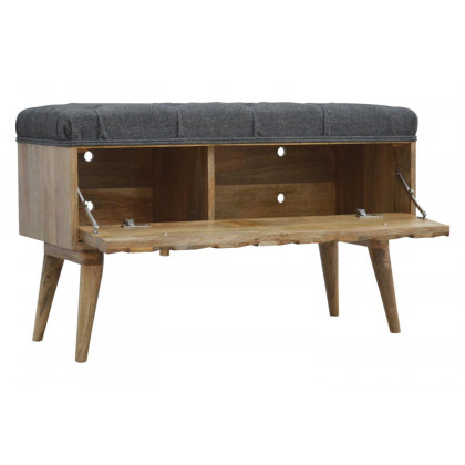 Artisan Diamond Carved Storage Hallway Bench - Oak-ish, With Gray Tweed Pad Seat