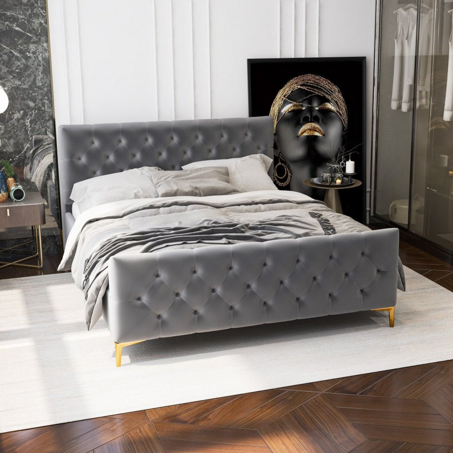 Ashcroft Bailey Velvet Bed – Gray, Queen Size