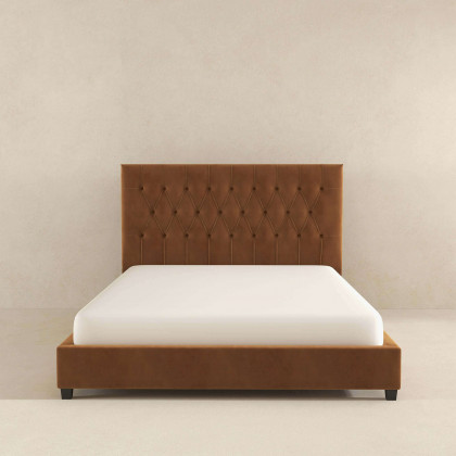 Ashcroft Donald Mid-Century Modern Velvet Platform Bed - Cognac, Queen Size