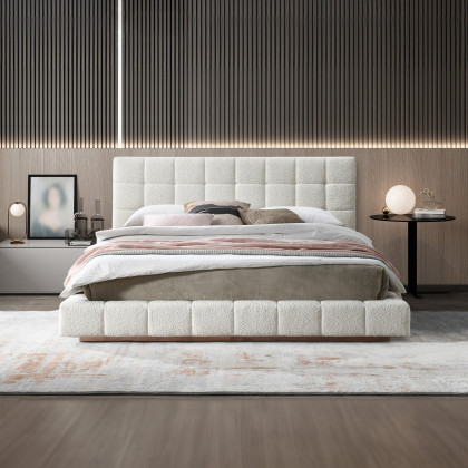 Ashcroft Hudson Upholstered Platform Bed - Ivory Boucle, Queen Size