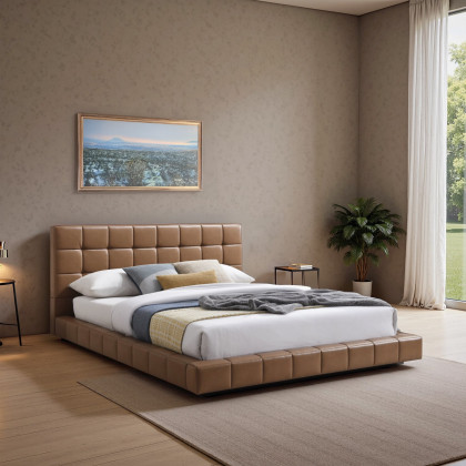 Ashcroft Hudson Upholstered Platform Bed - Tan Vegan Leather, Queen Size