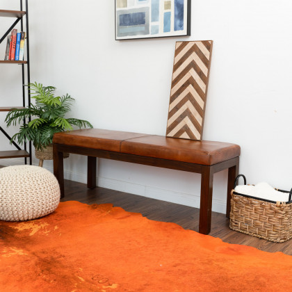 Ashcroft - Austin Antique Tan Leather Bench with Lines