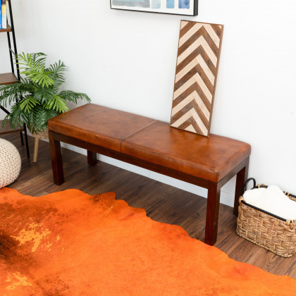 Ashcroft - Austin Antique Tan Leather Bench with Lines