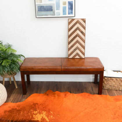 Ashcroft - Austin Antique Tan Leather Bench with Lines