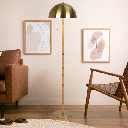 Ashcroft - Allure 2-Light Floor Lamp, Gold Brass, Natural Rattan Tube , Double On/Off Pull Chain