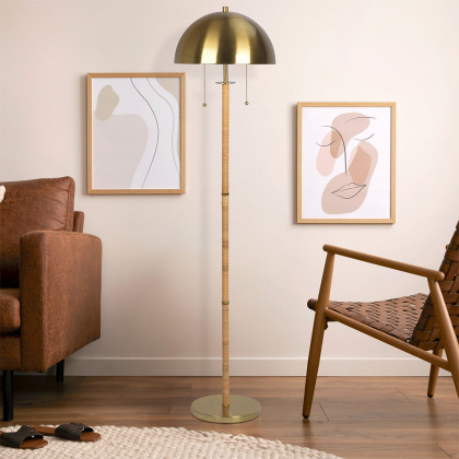 Ashcroft - Allure 2-Light Floor Lamp, Gold Brass, Natural Rattan Tube , Double On/Off Pull Chain