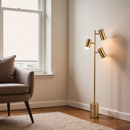 Ashcroft - Harmony Brassed Gold Floor Lamp with Rotary Switch Triple Spots Metal Block Base