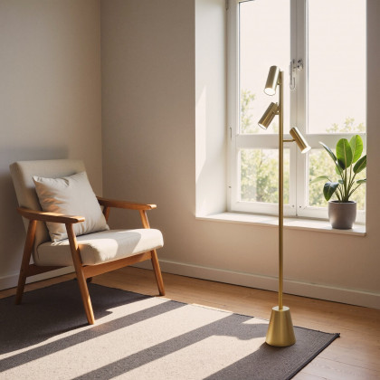 Ashcroft - Lumina Brassed Gold Floor Lamp with Rotary Switch Triple Spots Metal Cone Base