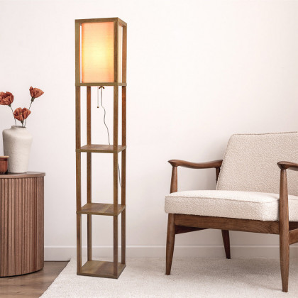 Ashcroft - Pinnacle Shelf Floor Lamp For Bedroom/Living Room, Natural Wood with Long Shade