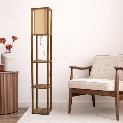 Ashcroft - Pinnacle Shelf Floor Lamp For Bedroom/Living Room, Natural Wood with Long Shade