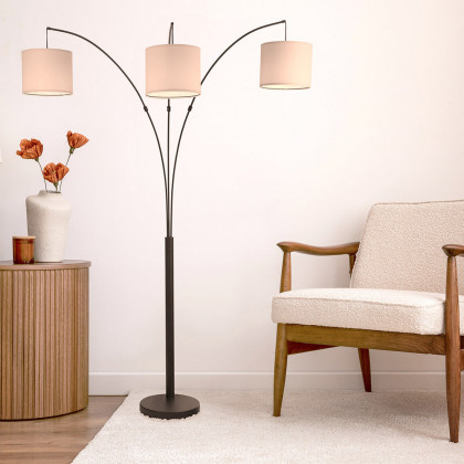 Ashcroft - Royal 3-Arm Metal Arc Floor Lamp, Oil Rubbed Bonze with Linen Shade, 4 way Rotary Switch