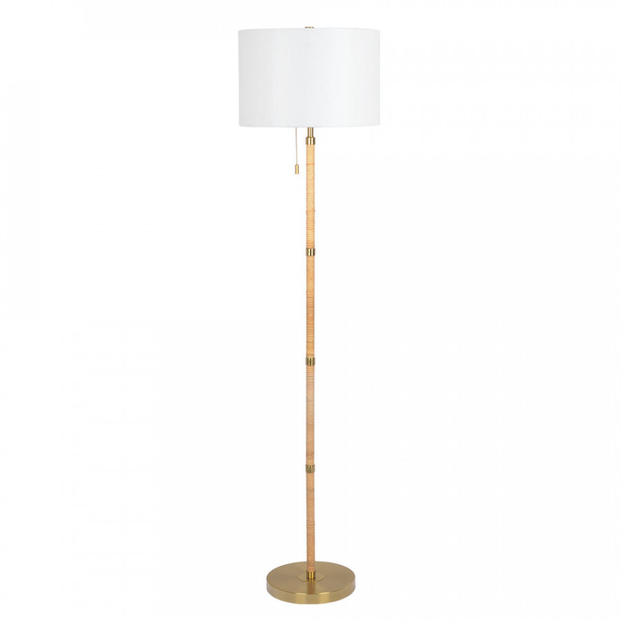 Ashcroft - Stellar Wood Rattan Tube , Gold Brass Metal and White Linen Shade Floor Lamp