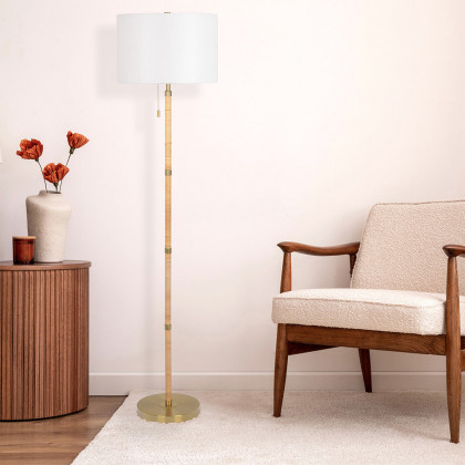 Ashcroft - Stellar Wood Rattan Tube , Gold Brass Metal and White Linen Shade Floor Lamp