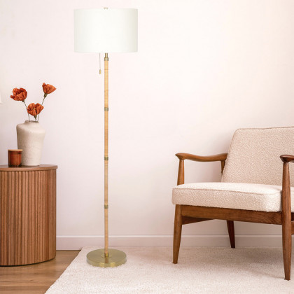 Ashcroft - Stellar Wood Rattan Tube , Gold Brass Metal and White Linen Shade Floor Lamp