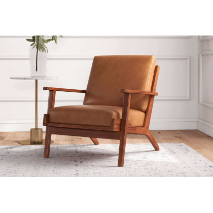 Ashcroft Connor Solid Wood Genuine Leather Lounge Chair - Tan