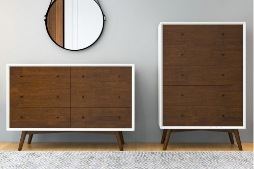 Ashcroft™ Noak Mid Century Modern 5 Drawer Dresser - White/Walnut