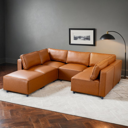 Ashcroft - Reno Cognac Vegan Leather Modular Sofa