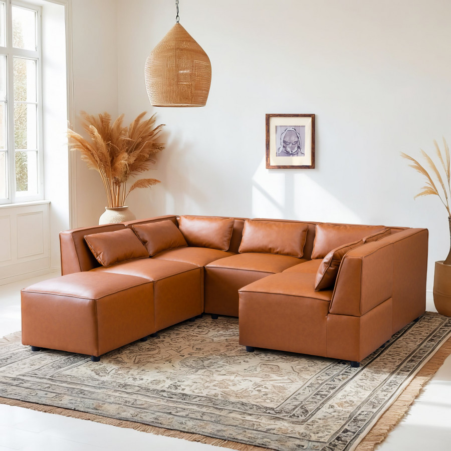 Ashcroft - Wexford Cognac Vegan Leather Modular Sofa