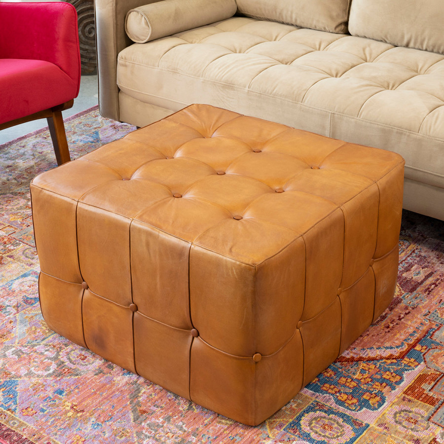 Ashcroft – Benjiro Square Tan Leather Ottoman