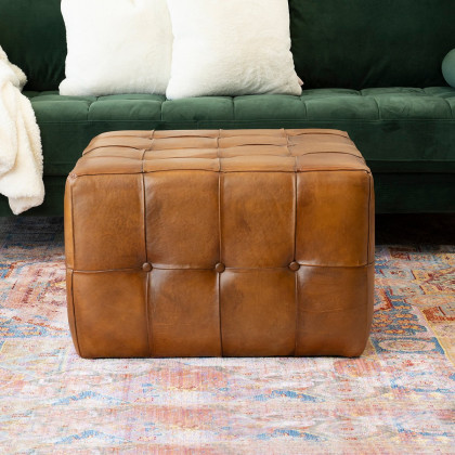 Ashcroft – Benjiro Square Tan Leather Ottoman