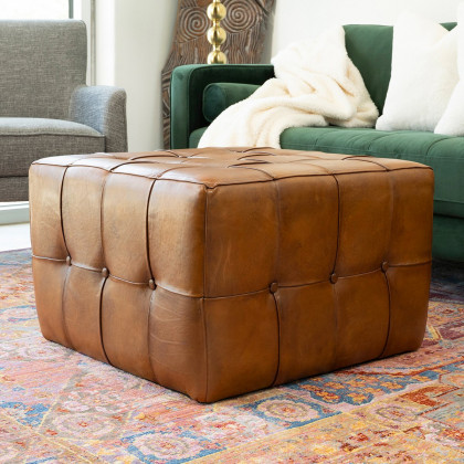 Ashcroft – Benjiro Square Tan Leather Ottoman
