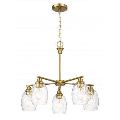 Ashcroft - Elegance Five Lights Linear Arms with Golden Brass Finish Chain Chandelier 24"W × 8.5"H with Clear Water Glass