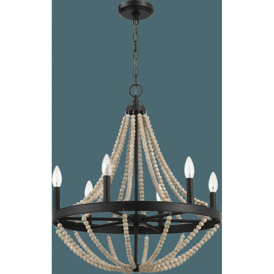 Ashcroft - Starry Wood Chandelier Farmhouse Six Candle Light Wood Beaded Black Pendant Light for Dining Room