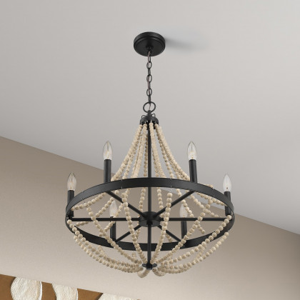 Ashcroft - Starry Wood Chandelier Farmhouse Six Candle Light Wood Beaded Black Pendant Light for Dining Room